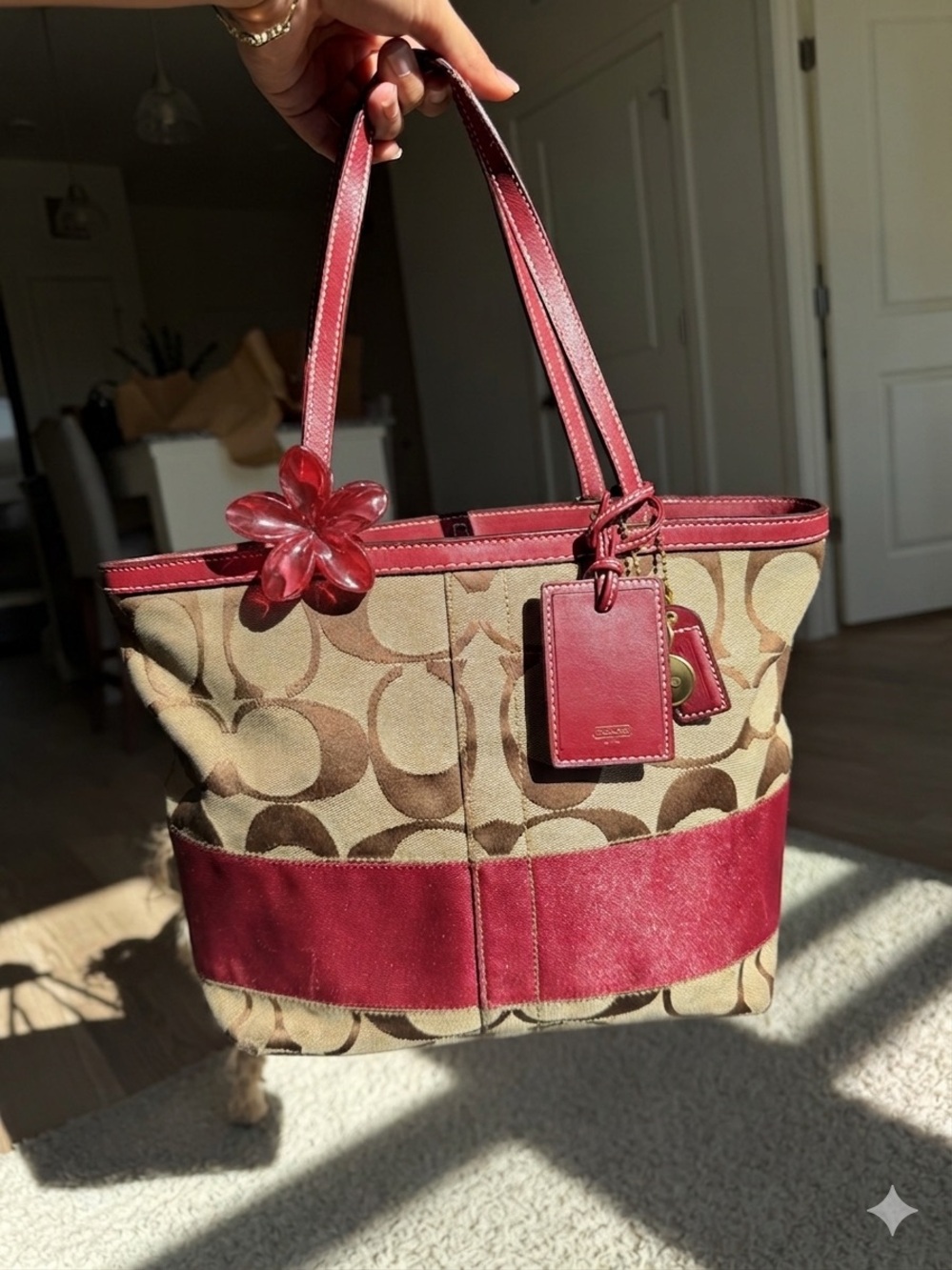 Coach Tan Signature Canvas Tote with Red Leather Accents